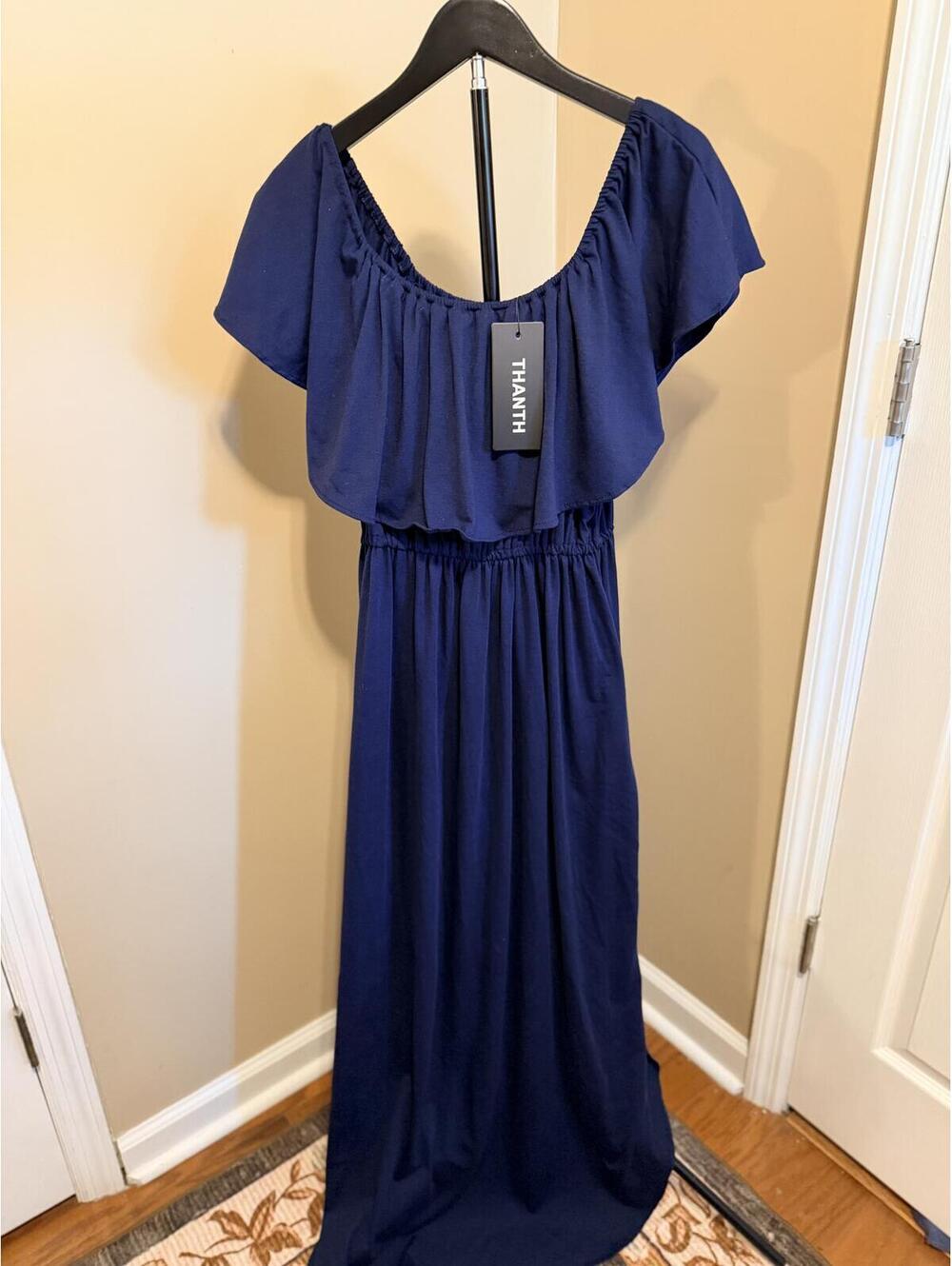THANTH Off Shoulder Navy Blue Maxi Dress NWT Size XL Flowy Boho Cottagecore